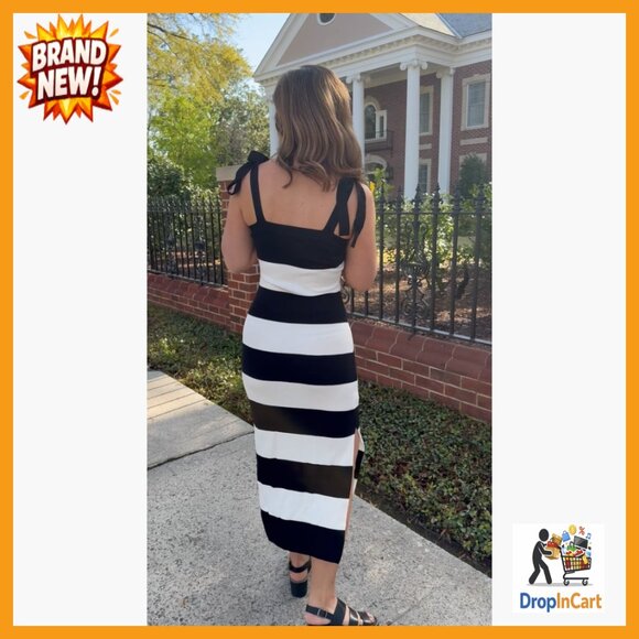 Sleeveless Bodycon Sweater Dress Striped Knit Tie Square Neck Side Slit Midi - Picture 7 of 7